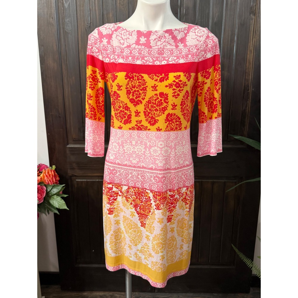 Donna Morgan Floral Damask Sheath Dress Pink Orange Yellow 3/4 Sleeve Size 8